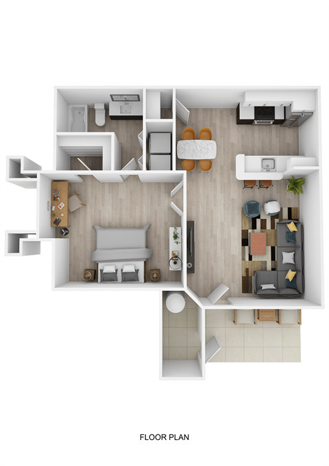 A floor plan of a house with a living room, kitchen, dining room, and two bedrooms.